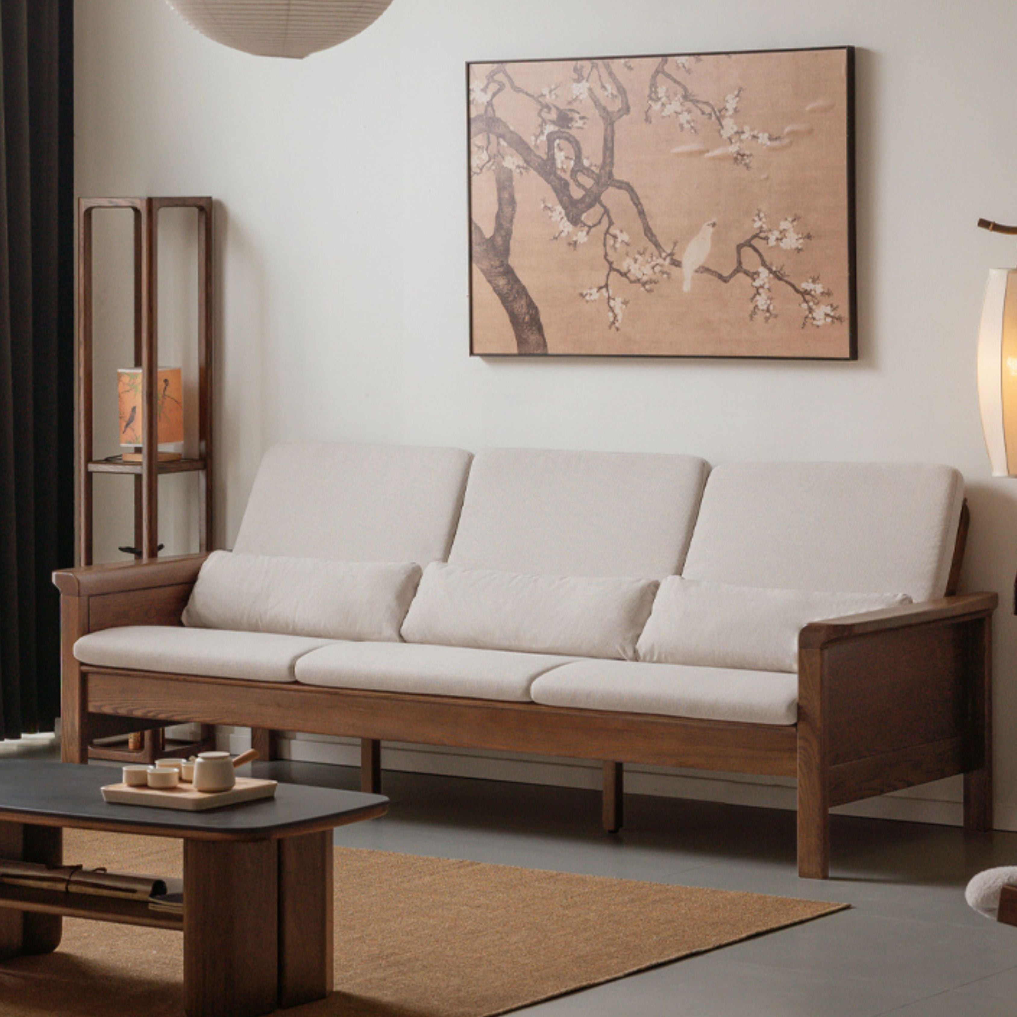 Ash Walnut Colored Straight Fabric Sofa.