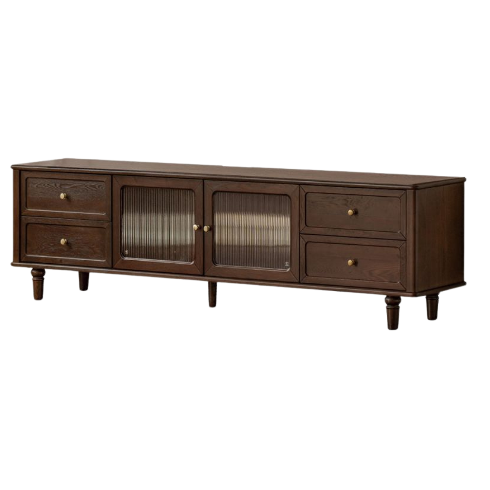 Ash Solid Wood Vintage TV Console with Fluted Glass Doors