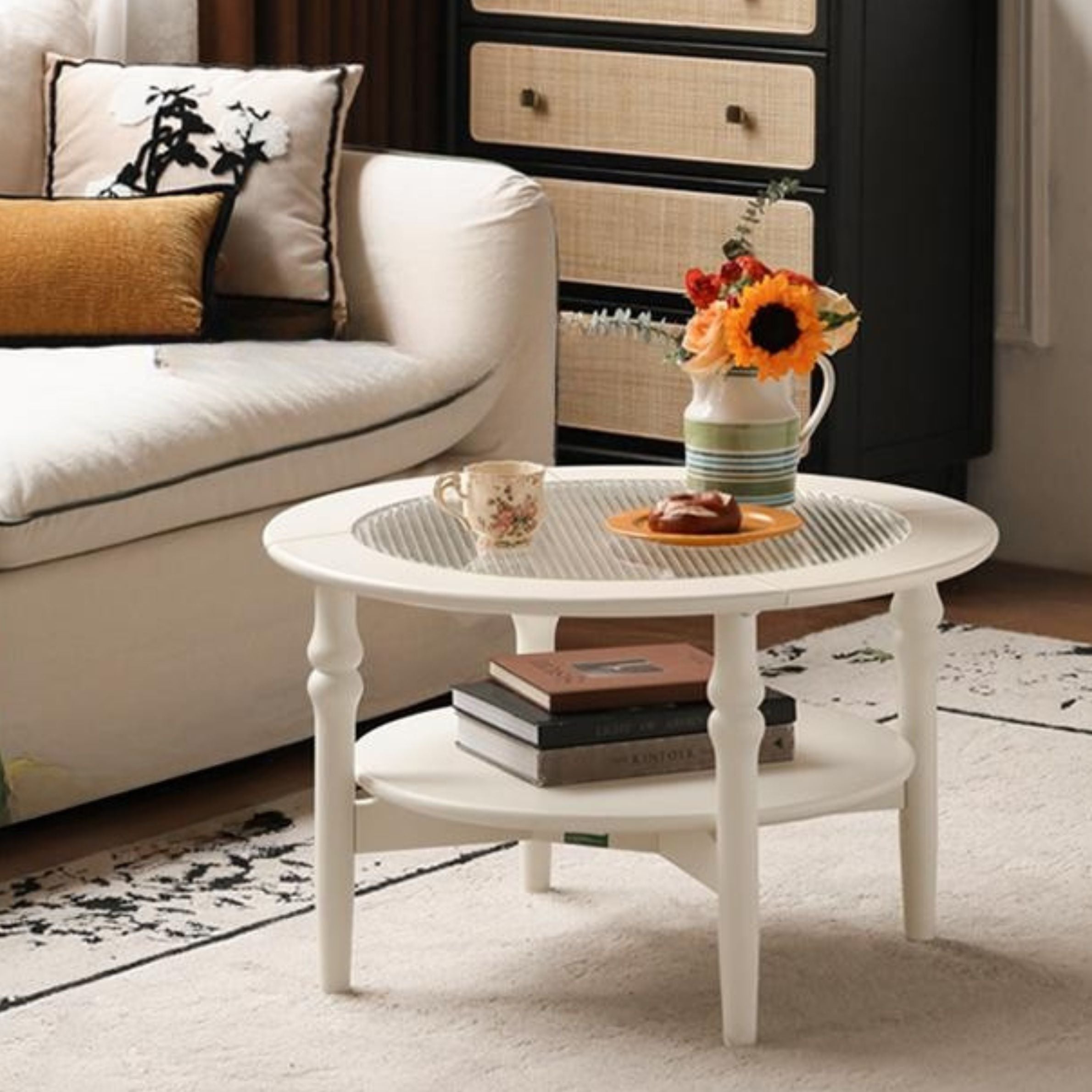 Rubber Solid Wood French Cream Style Glass Coffee Table