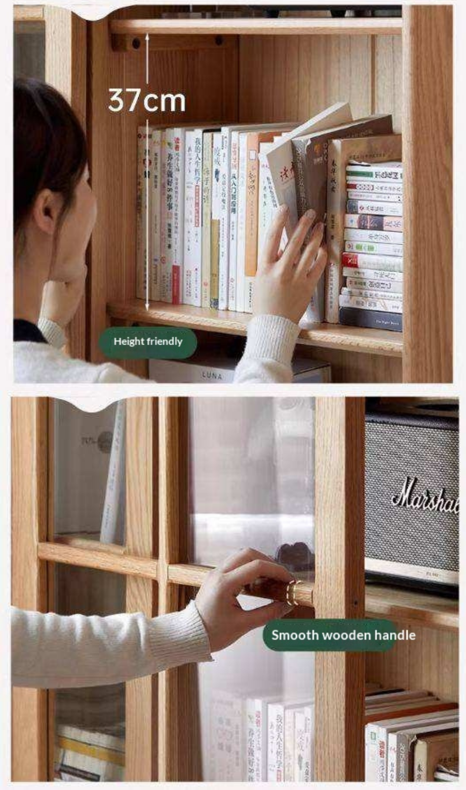 Ash Solid Wood Bookcase with Sliding Doors and Floor-to-Wall Glass Display Cabinet