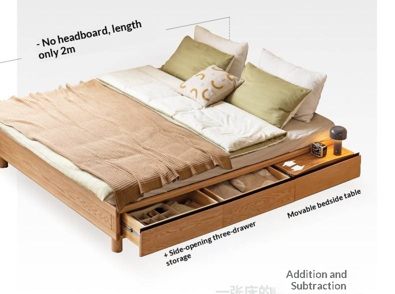 Oak Solid Wood Platform Bed — Headboard-Free, Drawer Storage, Simple Pull-Out Design