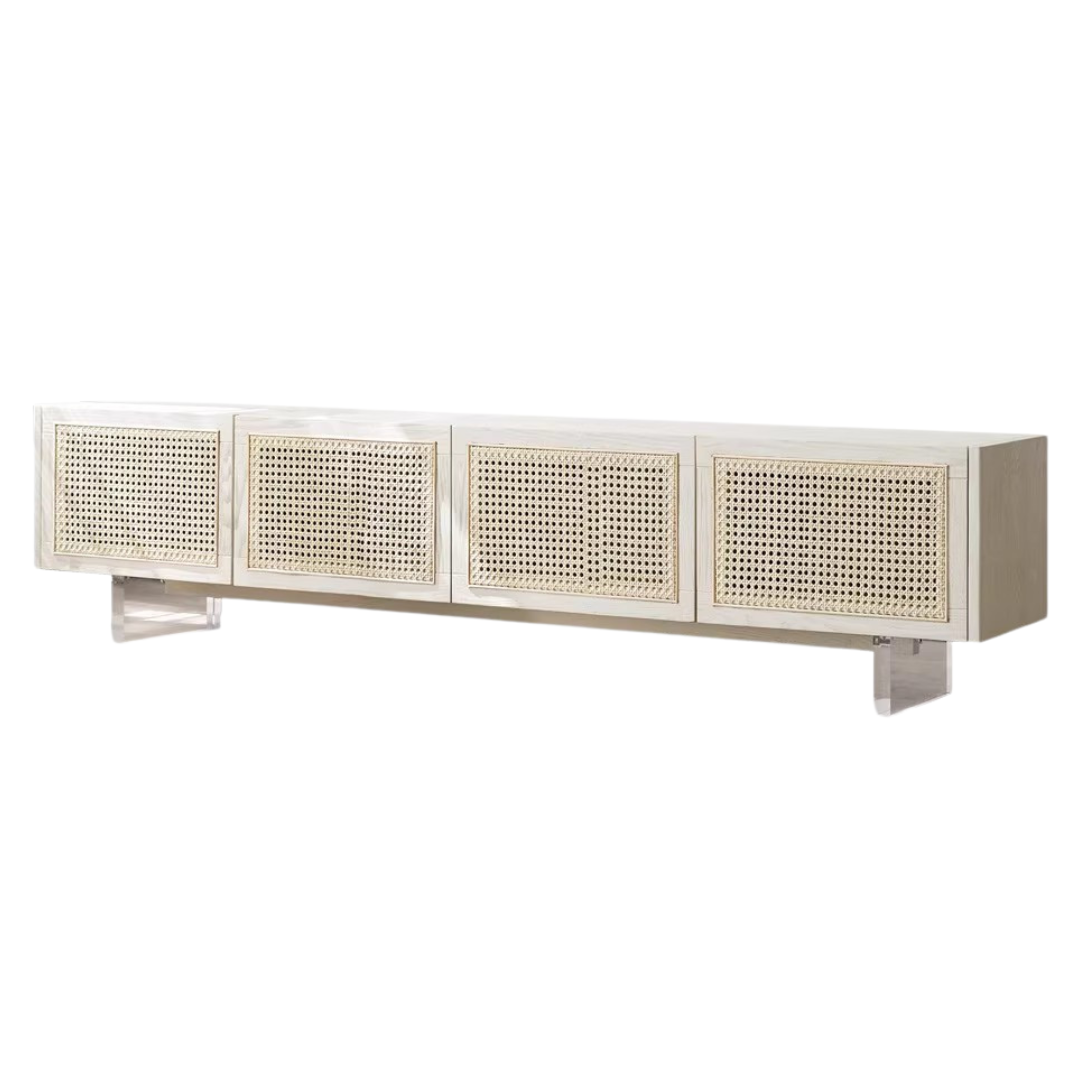 Ash Solid Wood Rattan TV Cabinet Cream Style LED Lights.