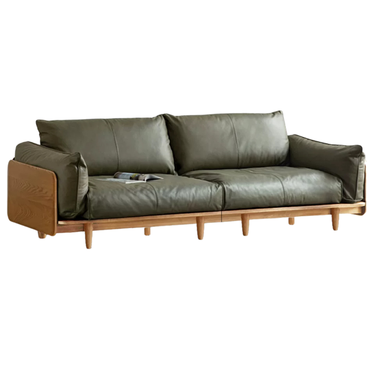 Oak, Ash Solid Wood Sofa with Exposed Wide Arms, High-Back, Genuine leather -fabric