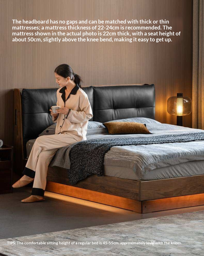 Black Walnut Solid Wood Genuine Leather Lift-Up Storage Bed with Tufted Headboard and LED Floating Base