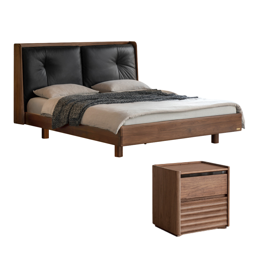 Black Walnut Solid Wood Italian Light Luxury Genuine Leather Soft Bed