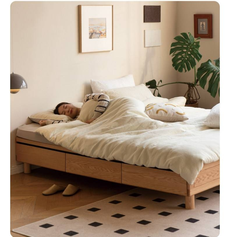 Oak Solid Wood Platform Bed — Headboard-Free, Drawer Storage, Simple Pull-Out Design