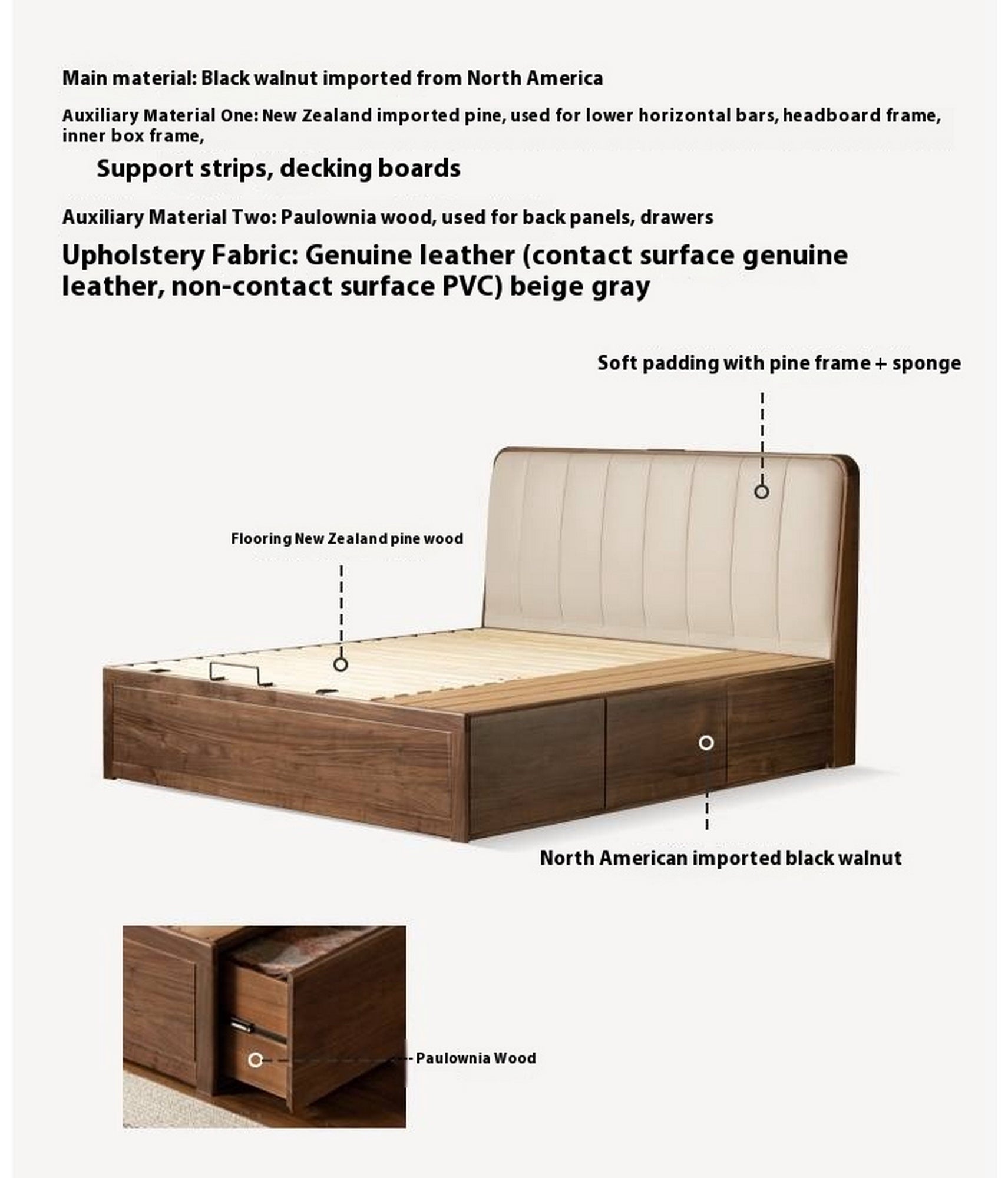 Black Walnut Solid Wood Genuine Leather Italian Light Luxury Soft Bed