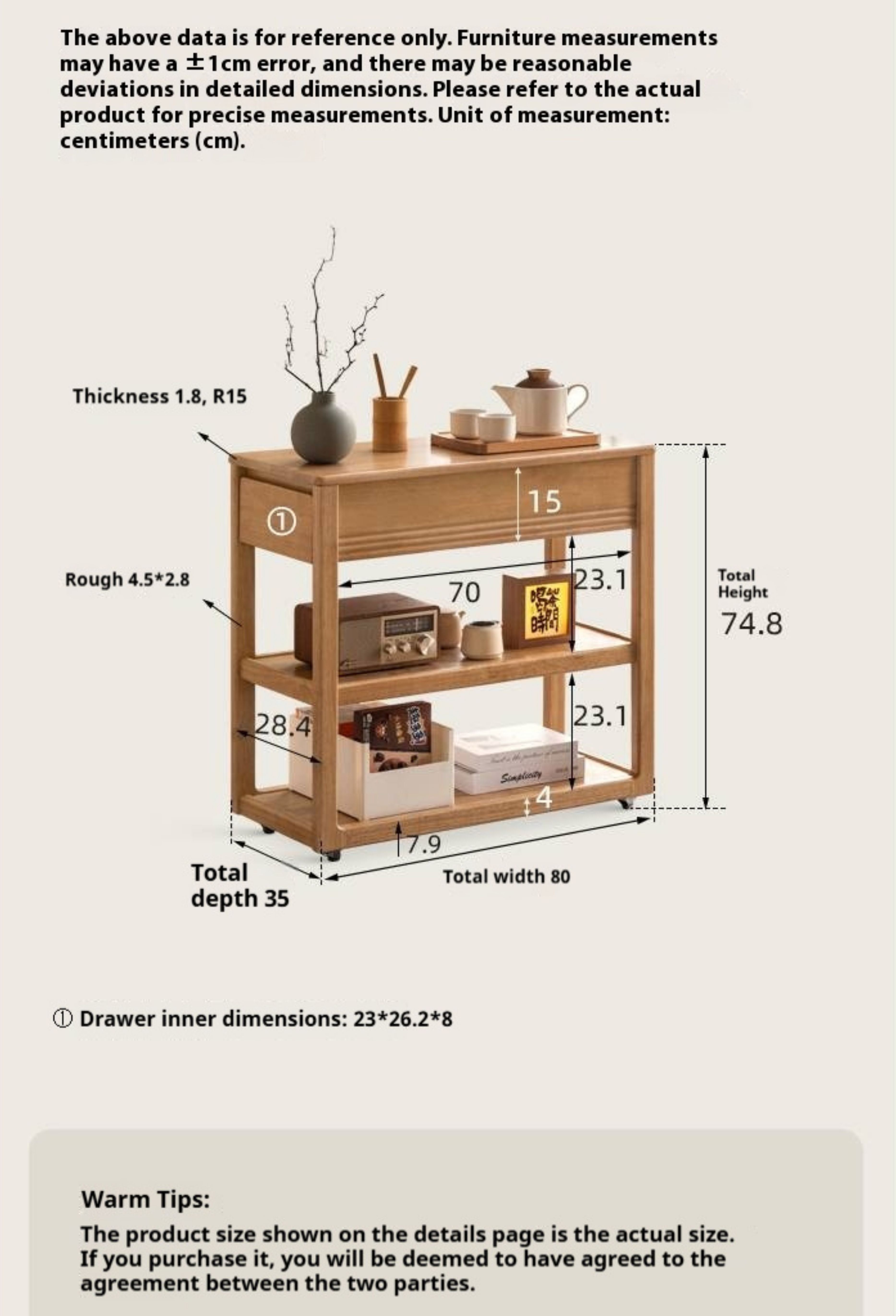 Solid Rubberwood Movable Sideboard