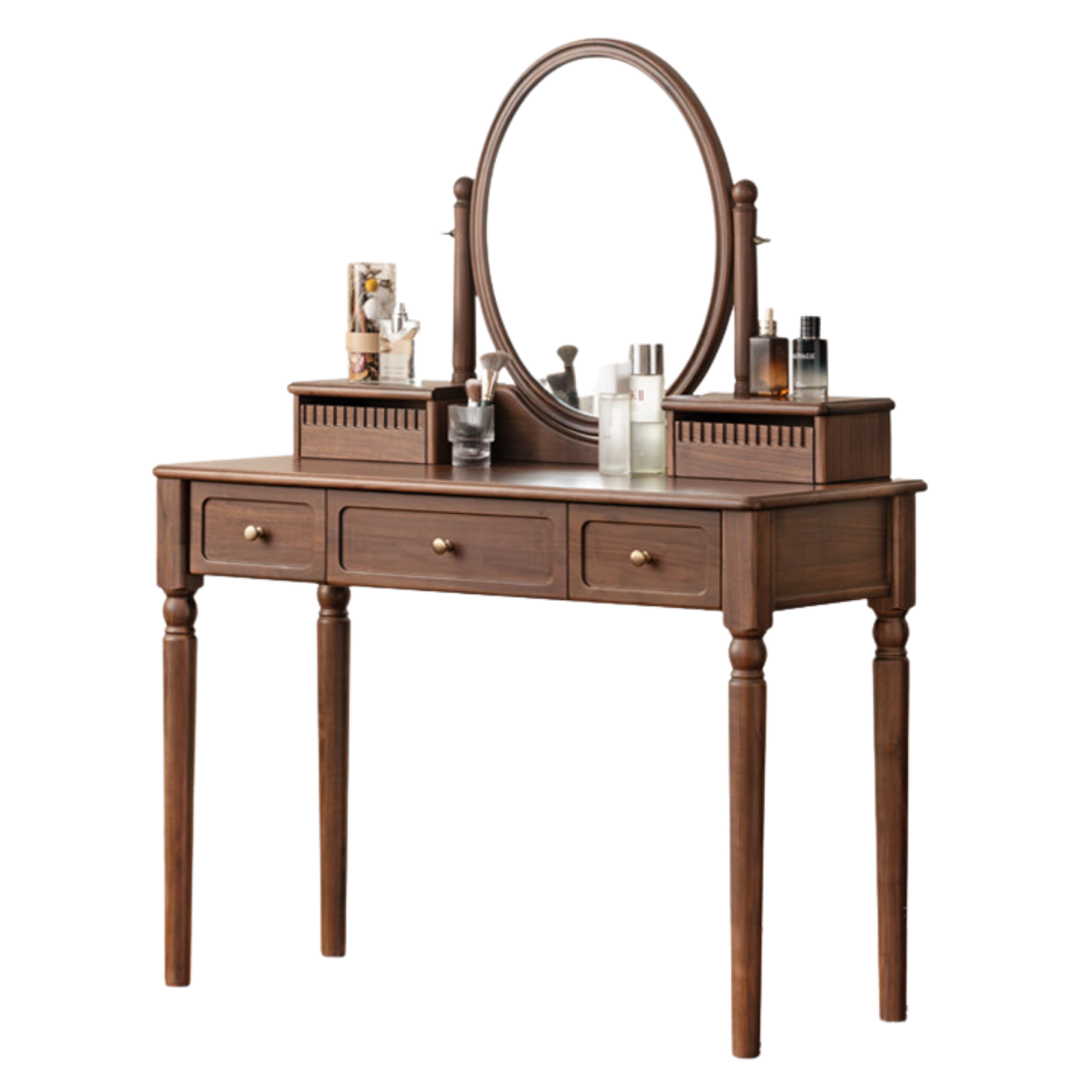 Black Walnut, Tulipwood Solid Wood Retro Style Vanity Table With Built-In Mirror