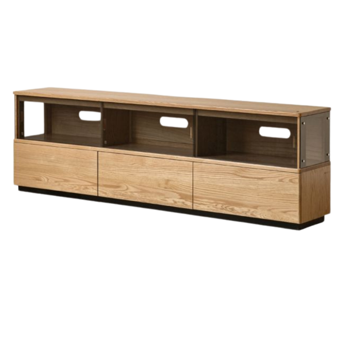 Oak Solid Wood TV Console with Illuminated Glass Display Case and Drawer Storage