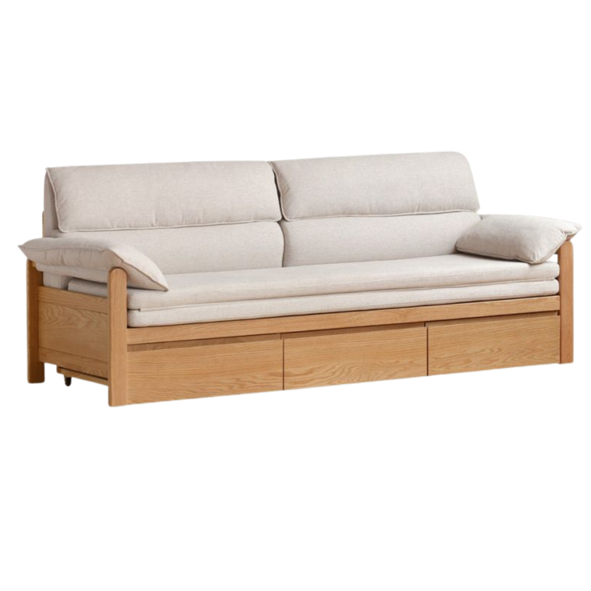 Oak Solid Wood Sofa Bed with Under-Seat Storage Drawers