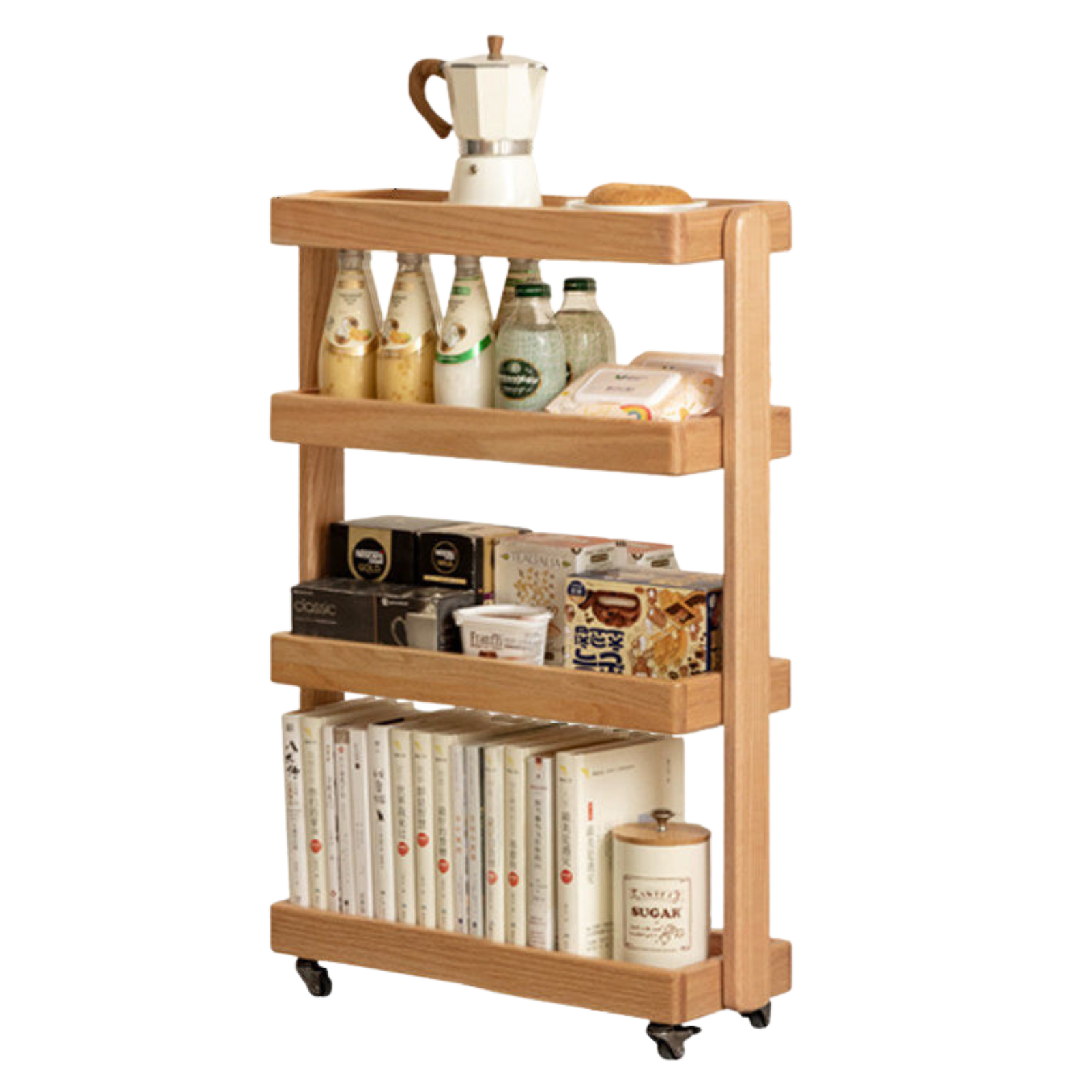 Oak Solid Wood Mobile Storage Rack Cart Ultra Narrow