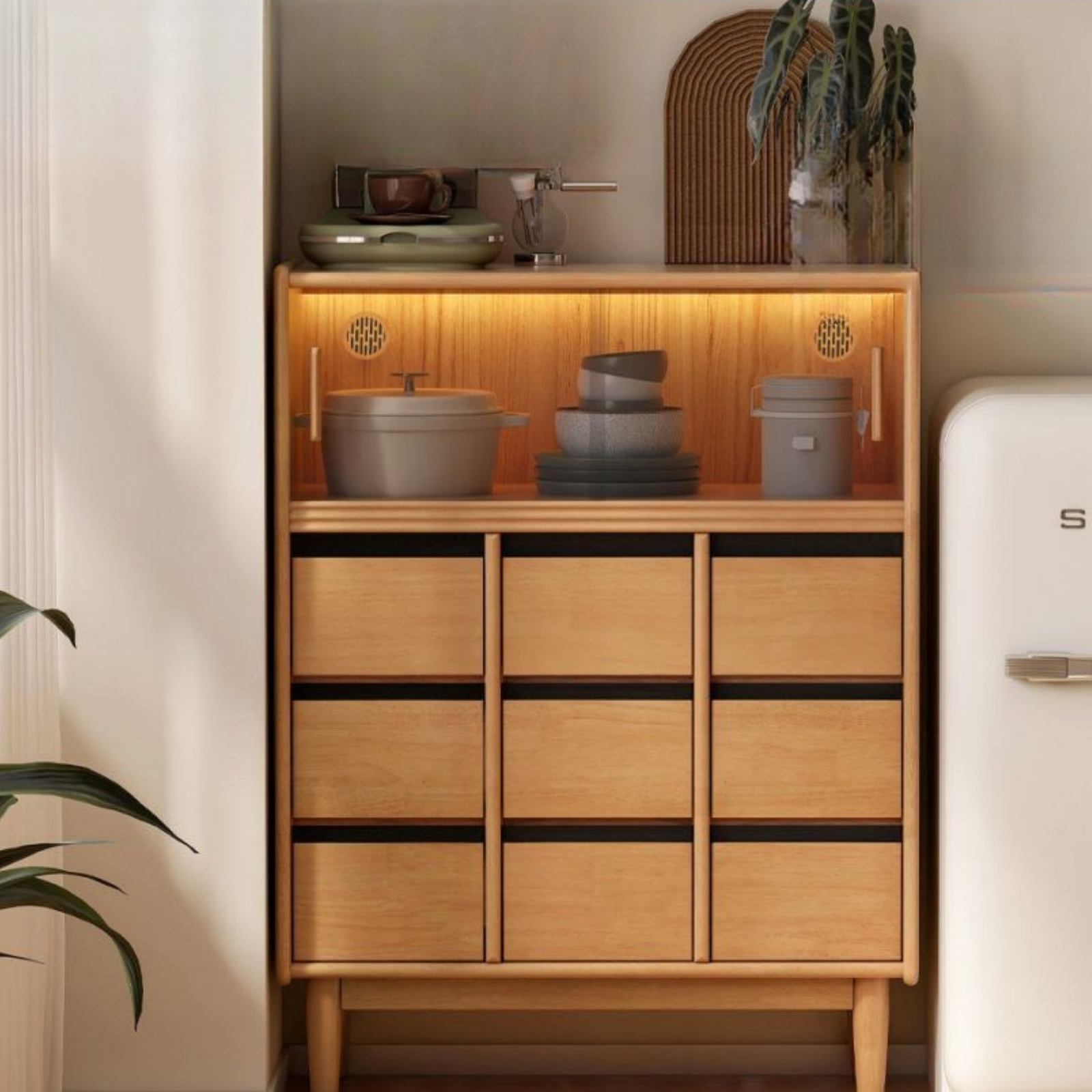 Solid Rubberwood Dining Sideboard with Glass Doors
