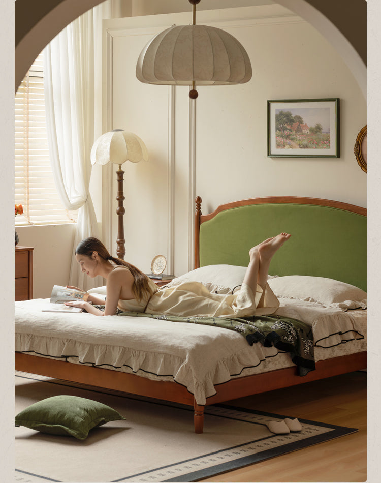 Poplar Solid Wood Bed – French Retro Design with Soft Fabric Upholstery