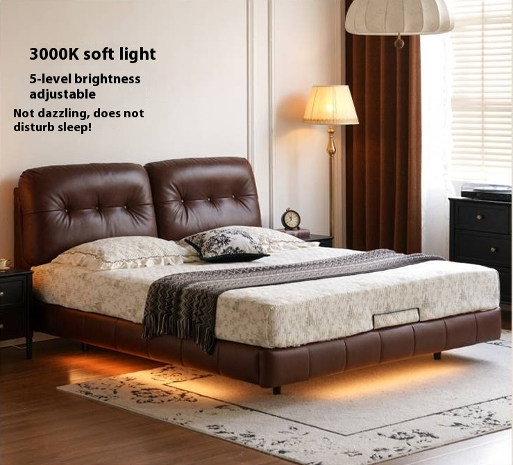 Genuine Leather American Retro Bed with Light
