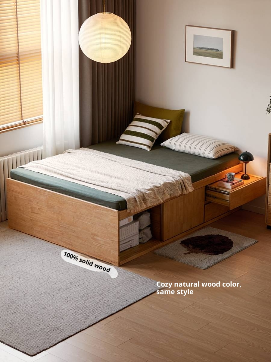 Rubberwood Solid Wood Modern Simple Box Platform Bed, Headboard-Free Bed
