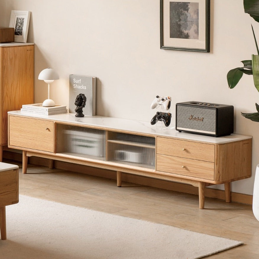 Oak, Poplar, Beech Solid Wood Sliding Door TV Stand With Rock Slab Surface.