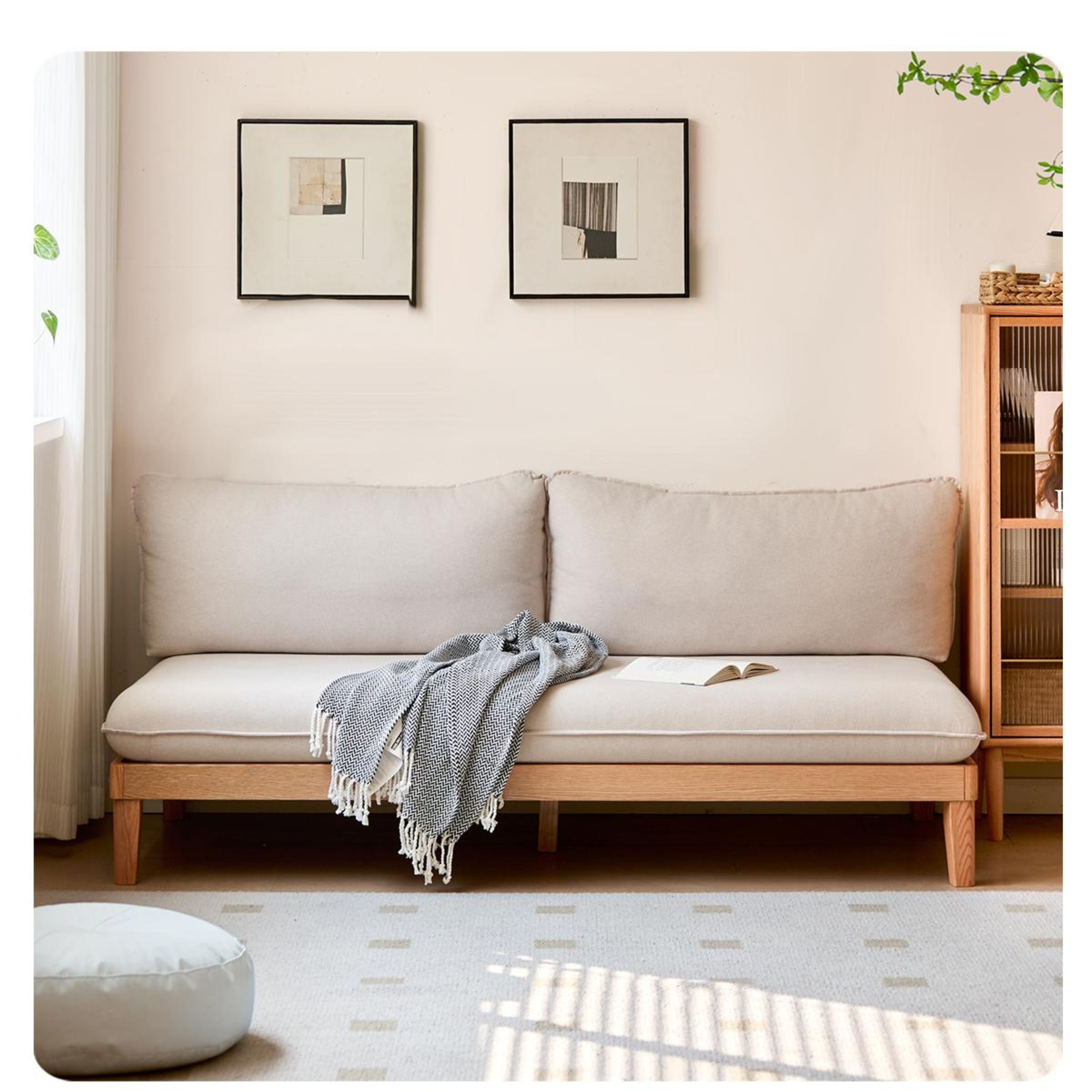Oak Solid wood Armless Straight Fabric Sofa.