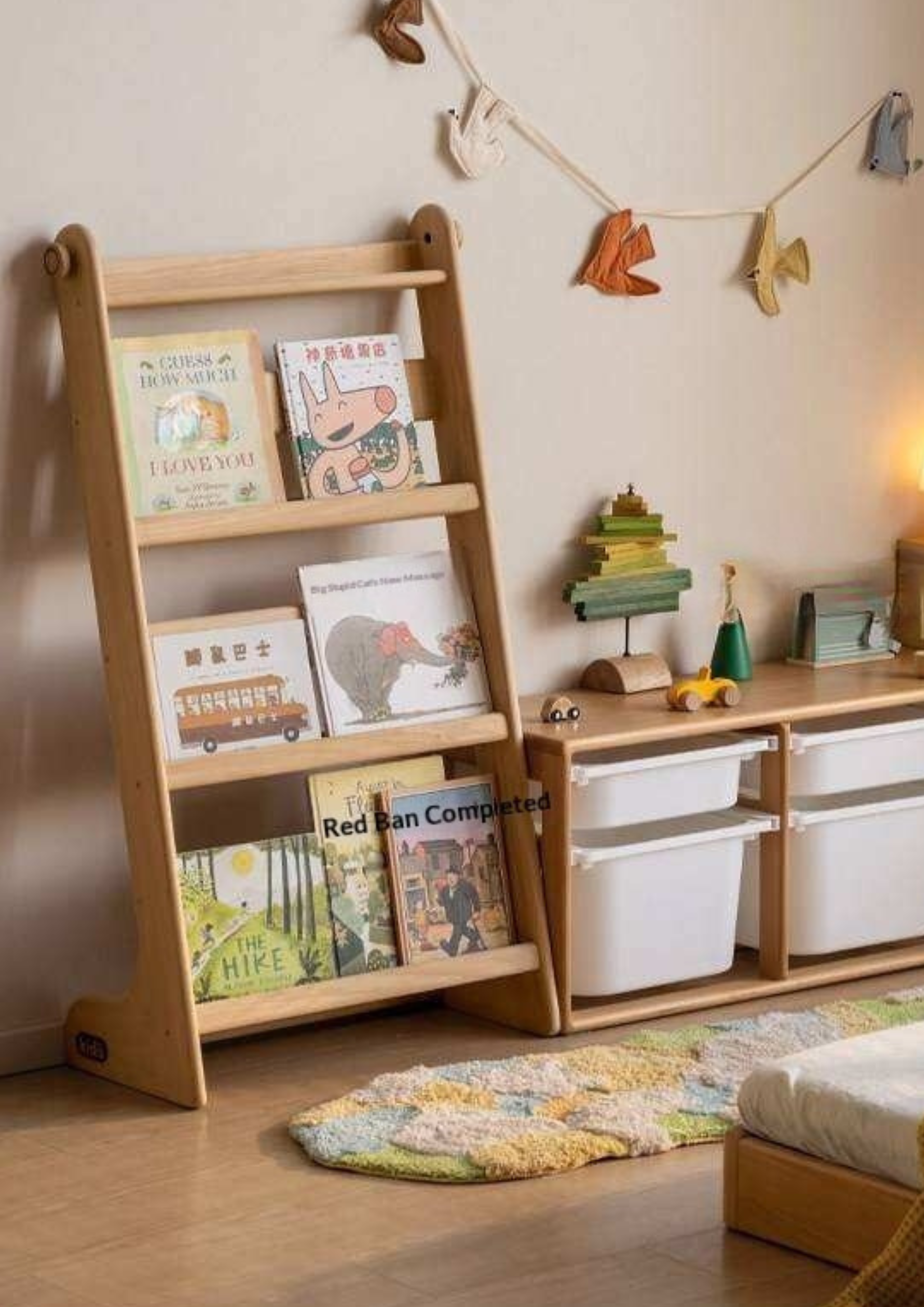 Poplar Solid Wood Children’s Bookcase with Drawing Board and Storage Shelf