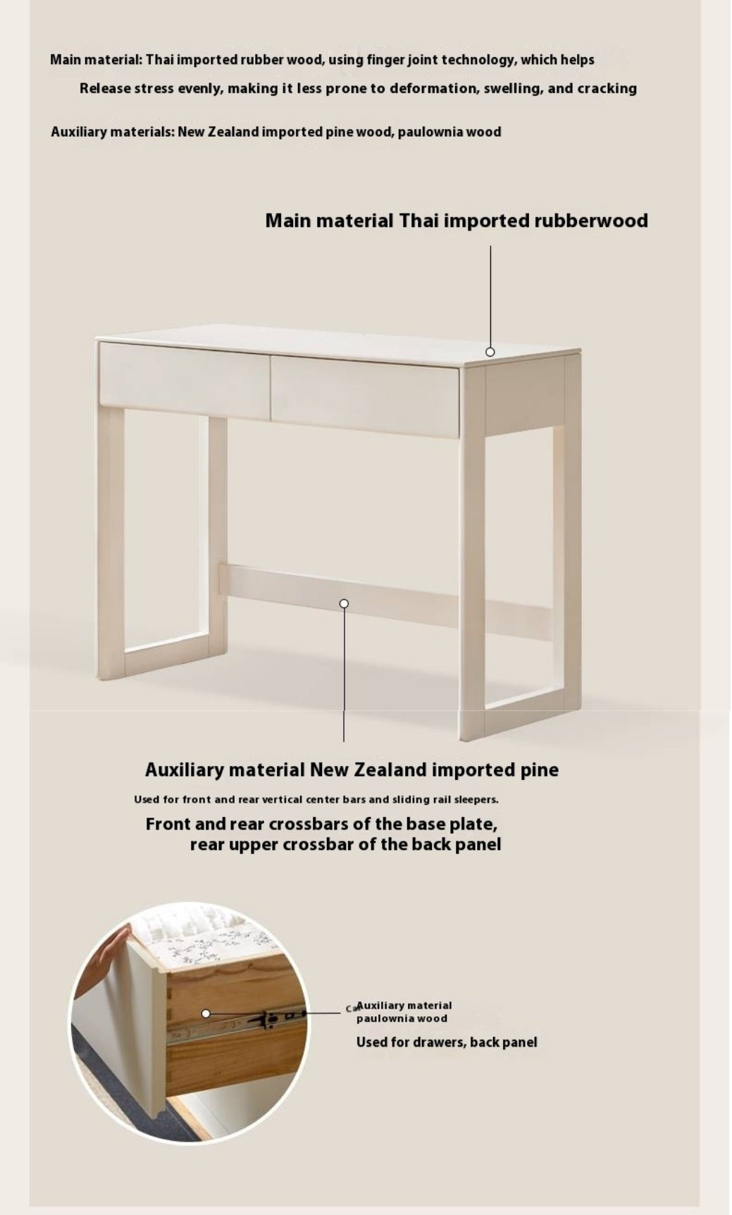 Solid Rubberwood White Cream Wind Vanity Table.