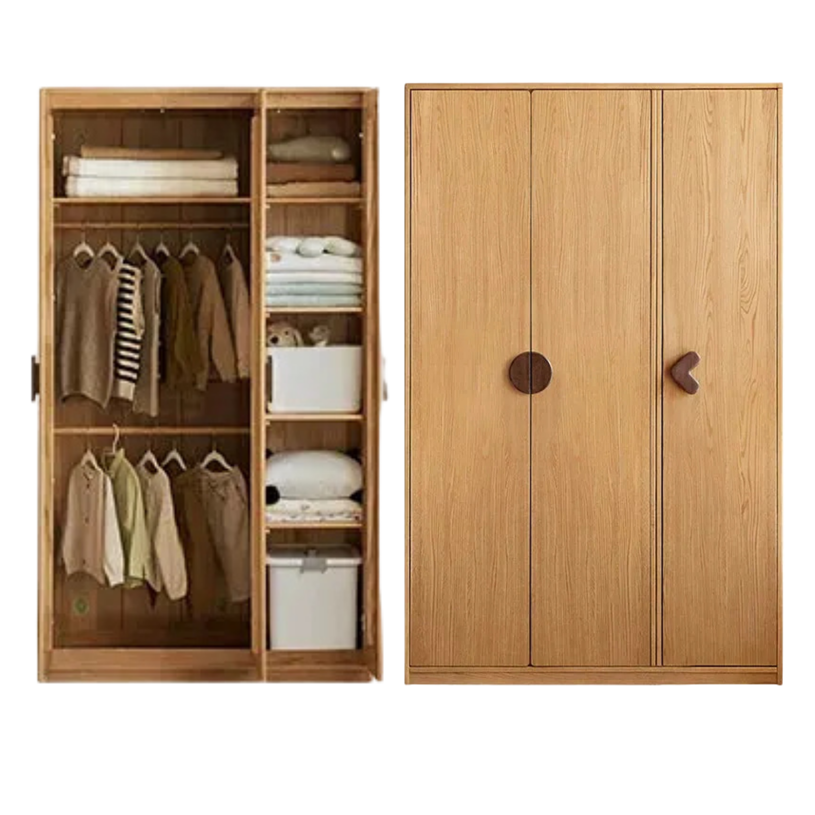 Oak Solid Wood Kids Wardrobe Armoire with Open Shelf and Drawer Combo