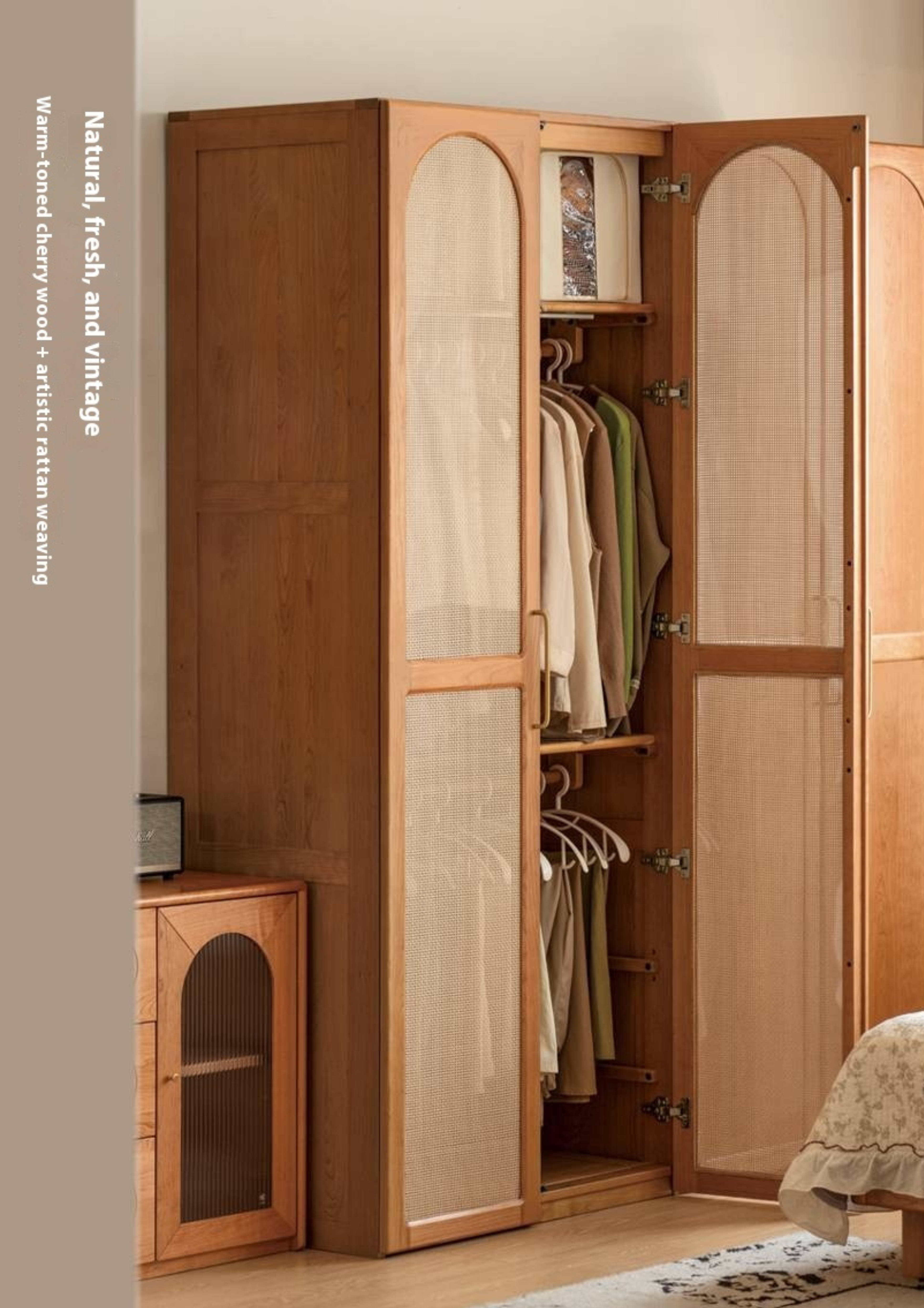 Cherry Solid Wood Retro Rattan Wardrobe