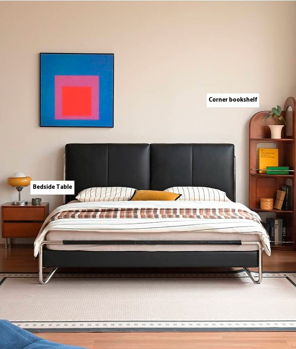 Genuine Leather Italian Style Light Luxury Black Bed