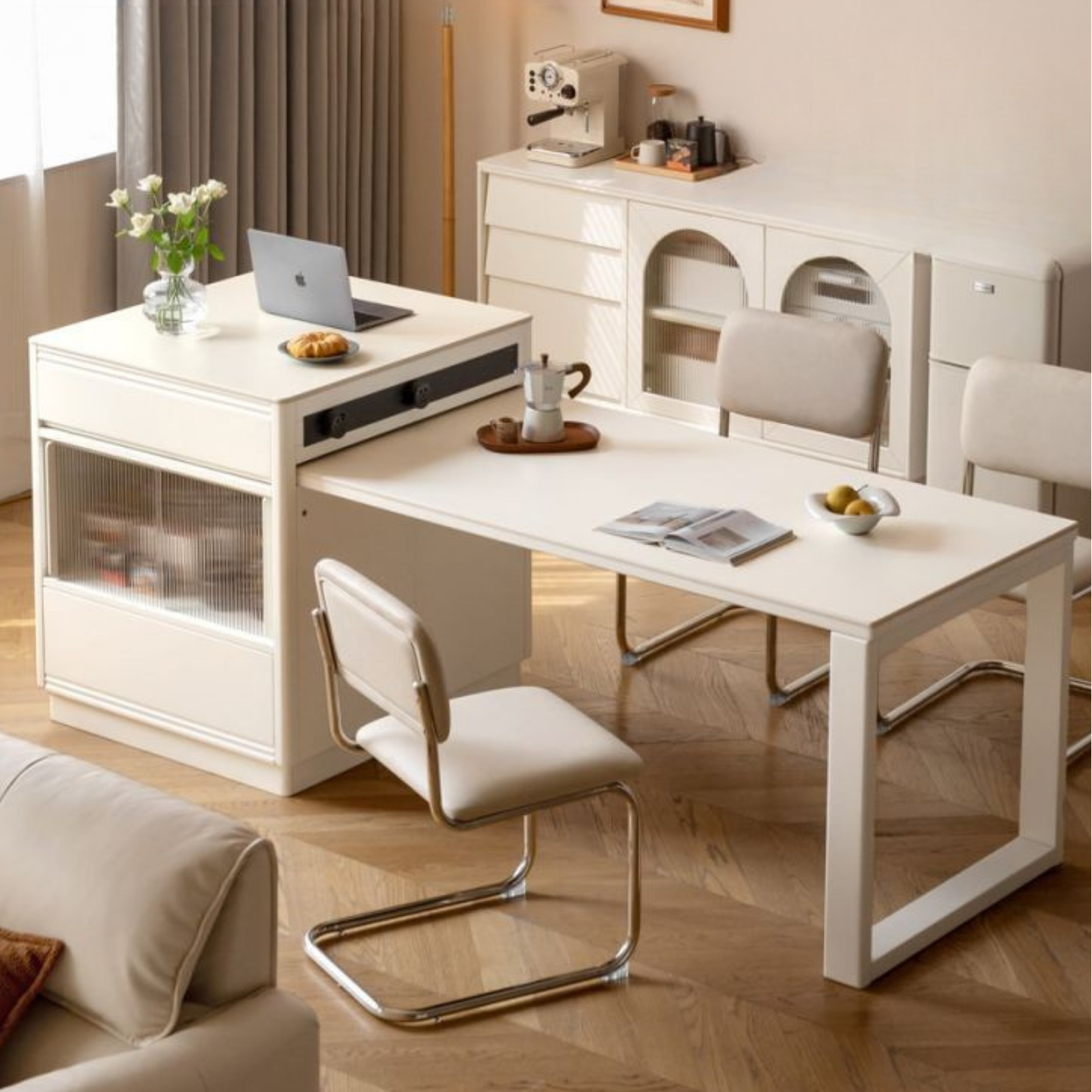 Solid Rubberwood Cream-Style Extendable White Slab Dining Table Island