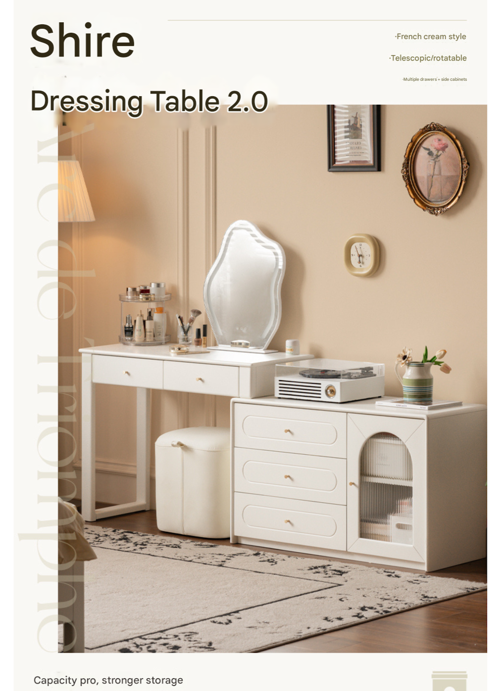 Solid Rubberwood White Cream Style Dressing Table.