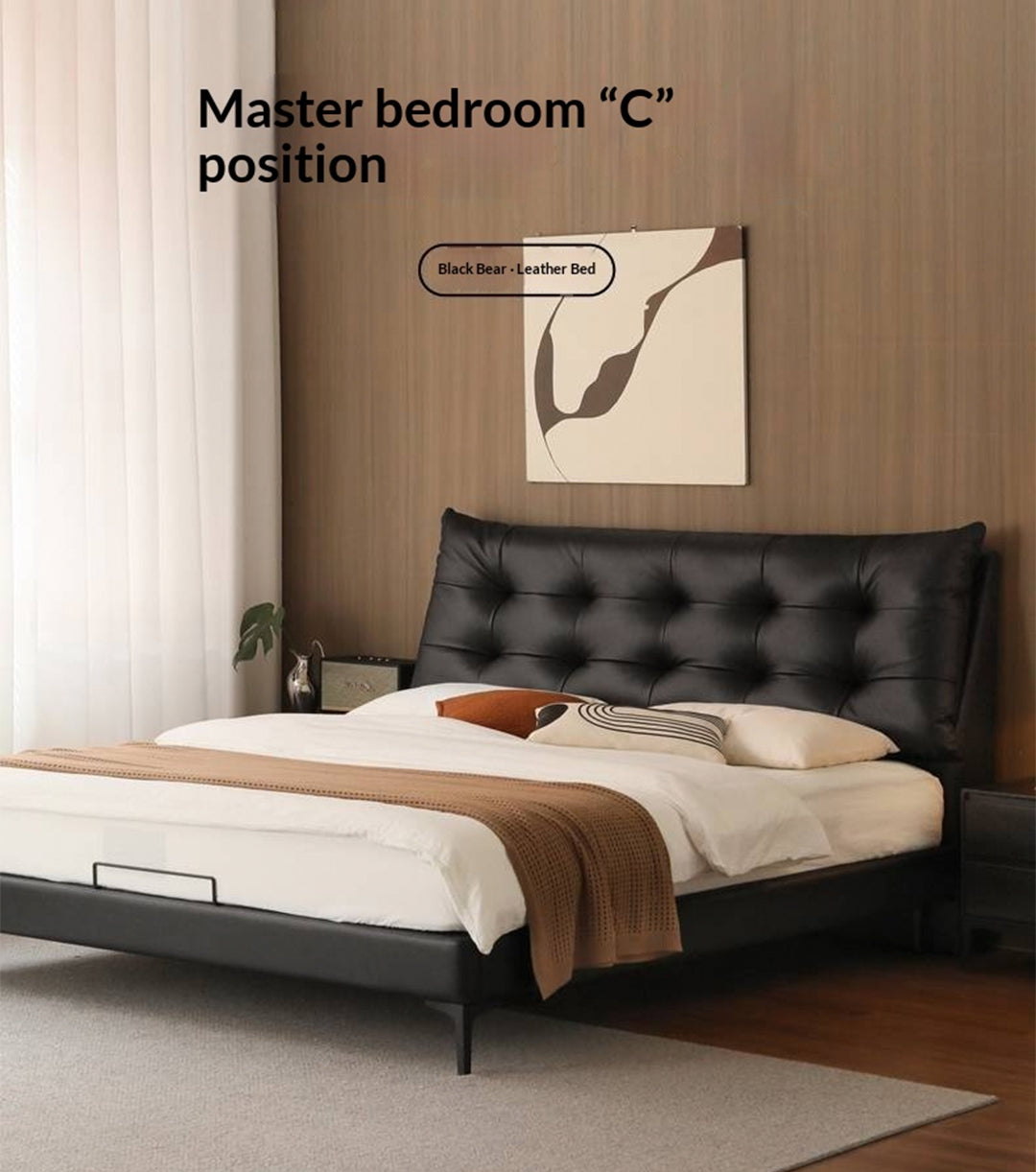 Genuine Leather Upholstered Double Bed in Solid Wood Frame