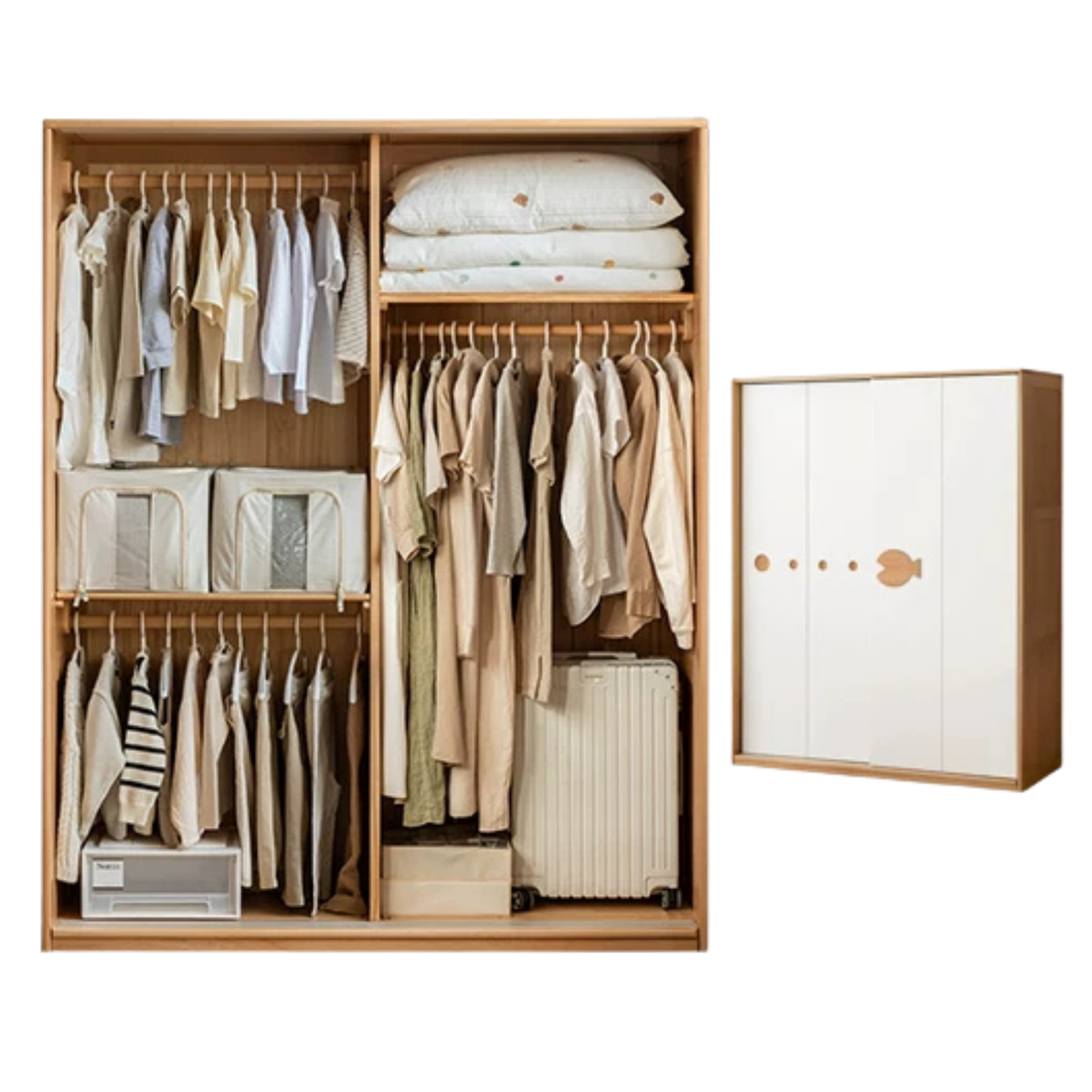 Beech Solid Wood Kids Sliding Door Wardrobe with Adjustable Shelves