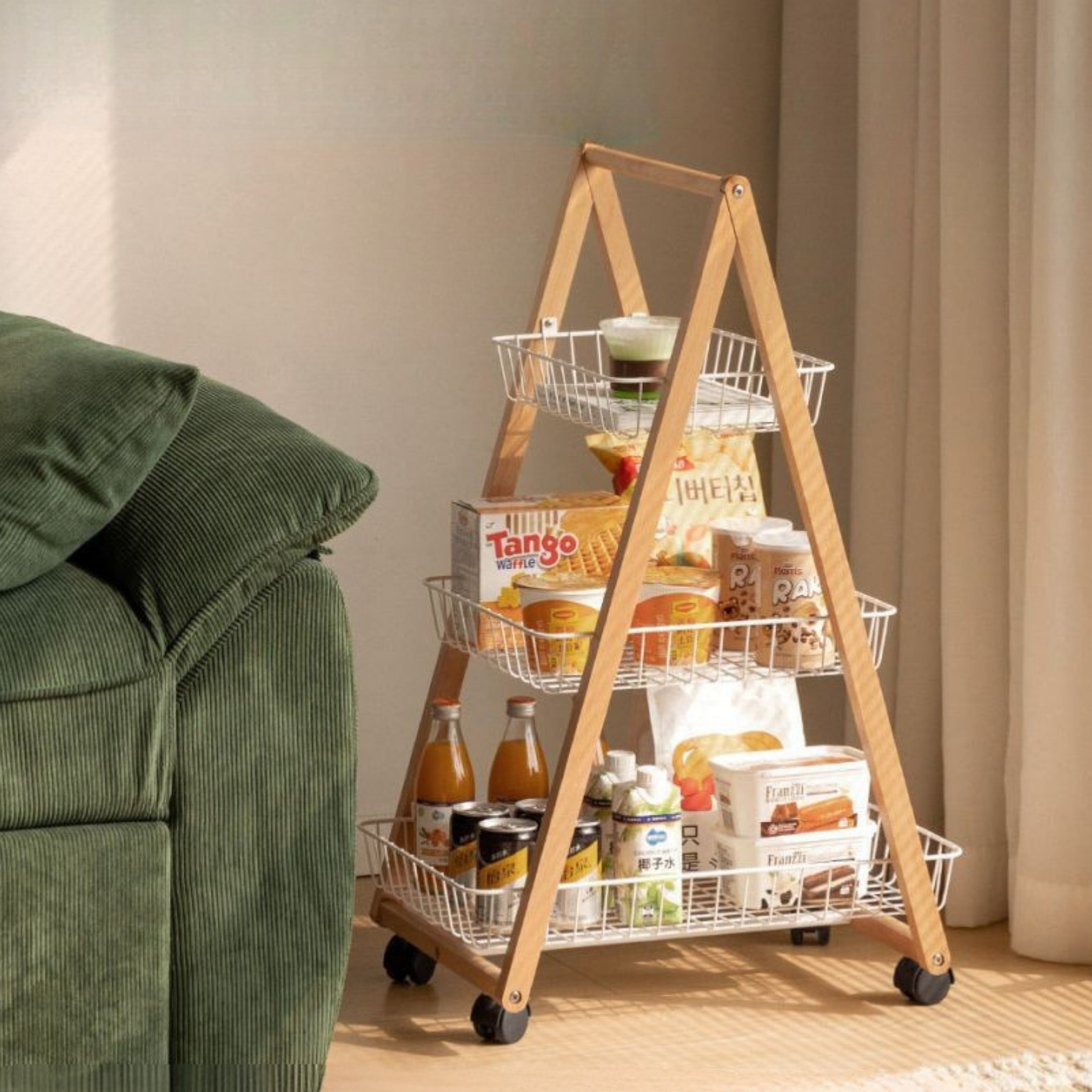 Beech Solid Wood Storage Rack with Multi-Layer and Mobile Trolley