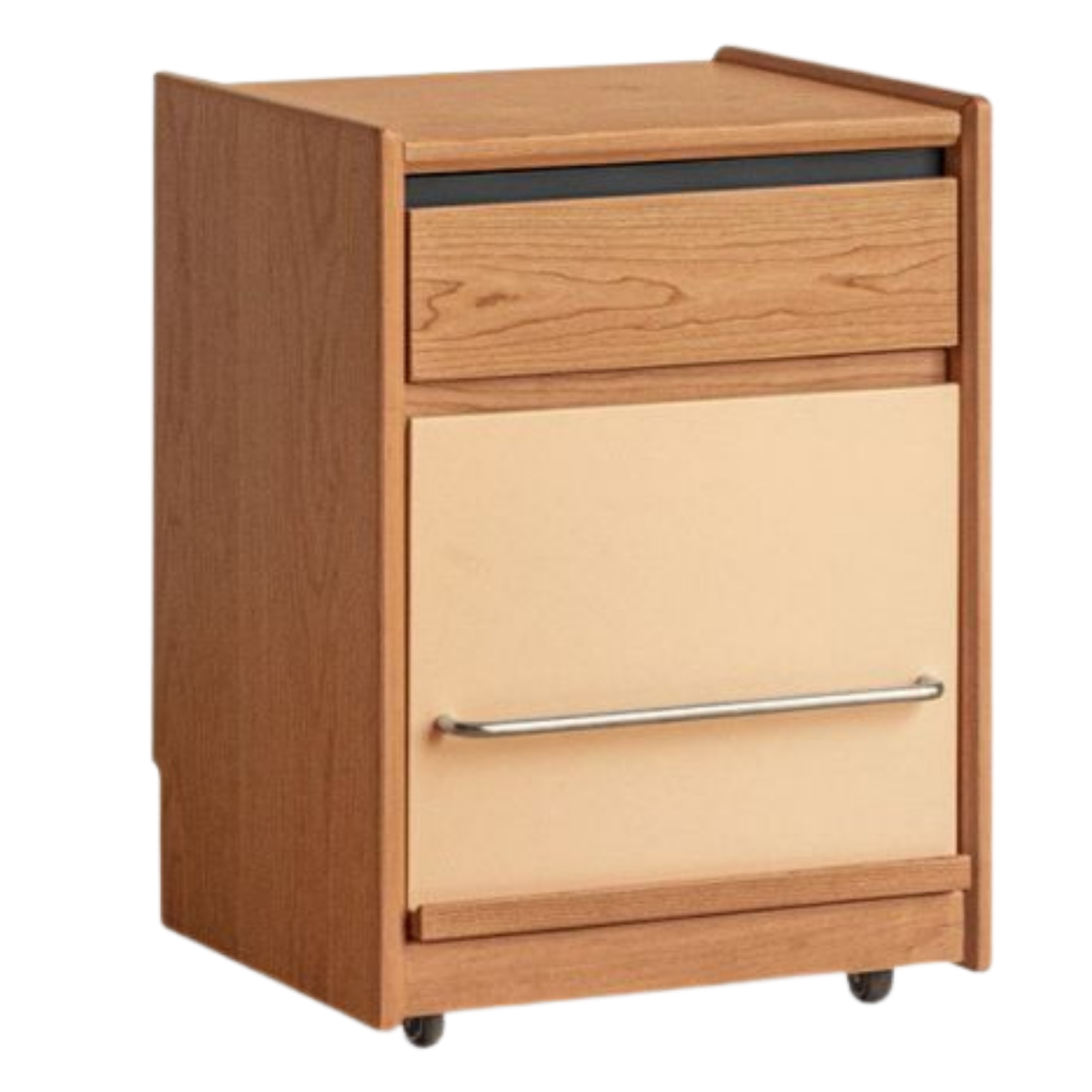 Cherry Solid Wood Nightstand with Storage Drawer and Magazine Holder with Wheels