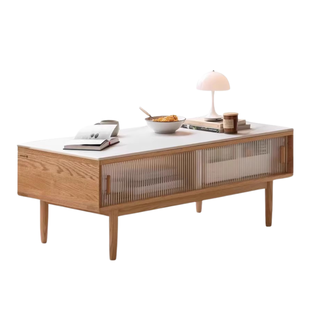 Oak, Beech, Solid Rubberwood Glass Doors Coffee Table