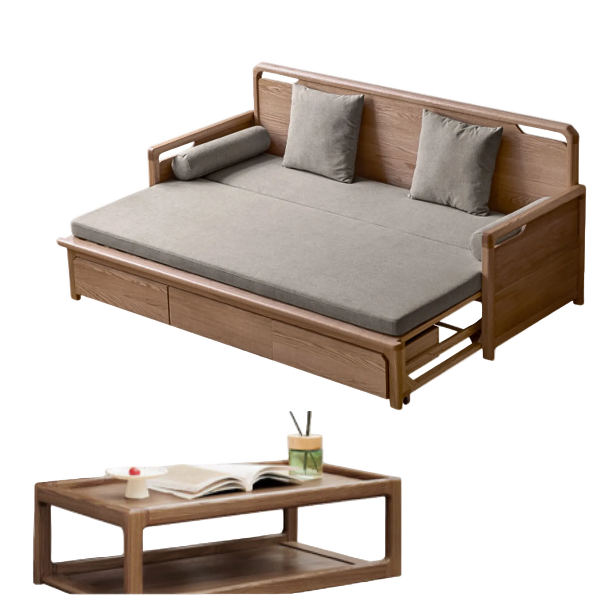 Oak solid wood Convertible Daybed Sofa with Integrated Storage