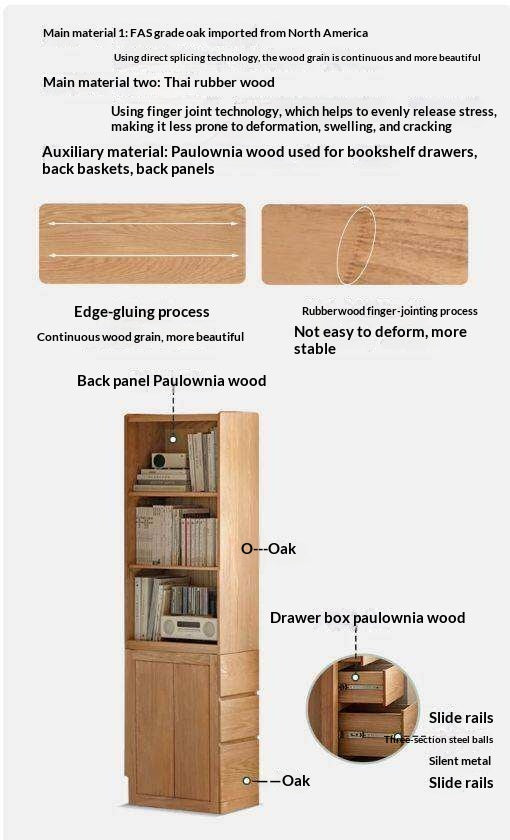 Oak Solid Wood, Solid Rubberwood Bookcase, Floor-Standing Storage Cabinet