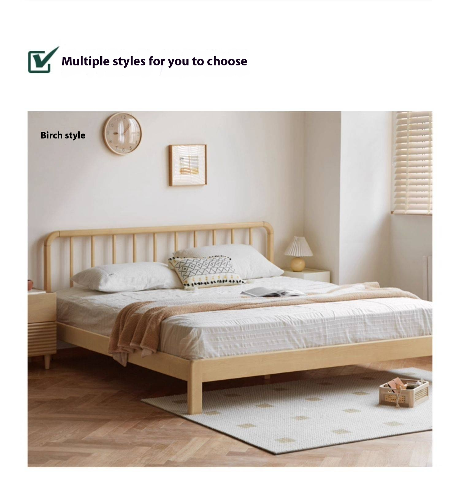 European Beech Solid Wood Bed Modern Simple