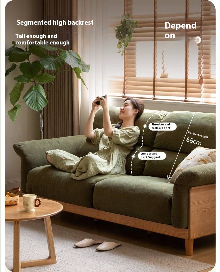 Oak Solid Wood Fabric Sofa, Couch with High Back Cushions, Durable Pet-Friendly Upholstery