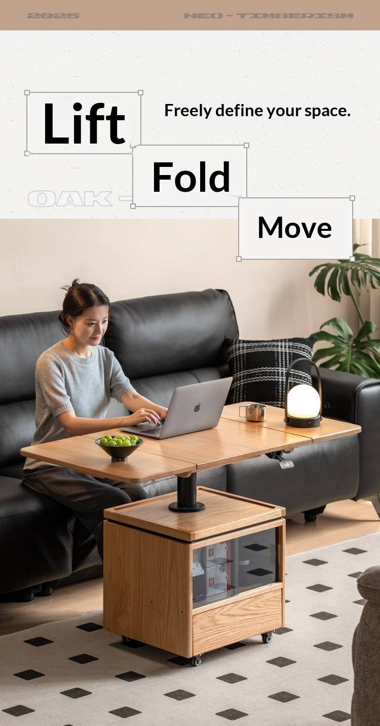 Oak Solid Wood Modern Mobile Elevating Coffee Table