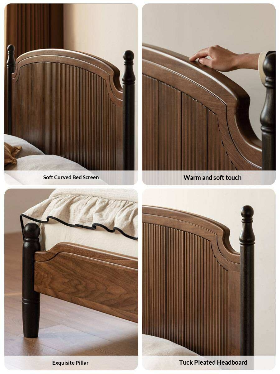 Black Walnut Solid Wood Bed with Reeded Arched Headboard and Turned Corner Posts