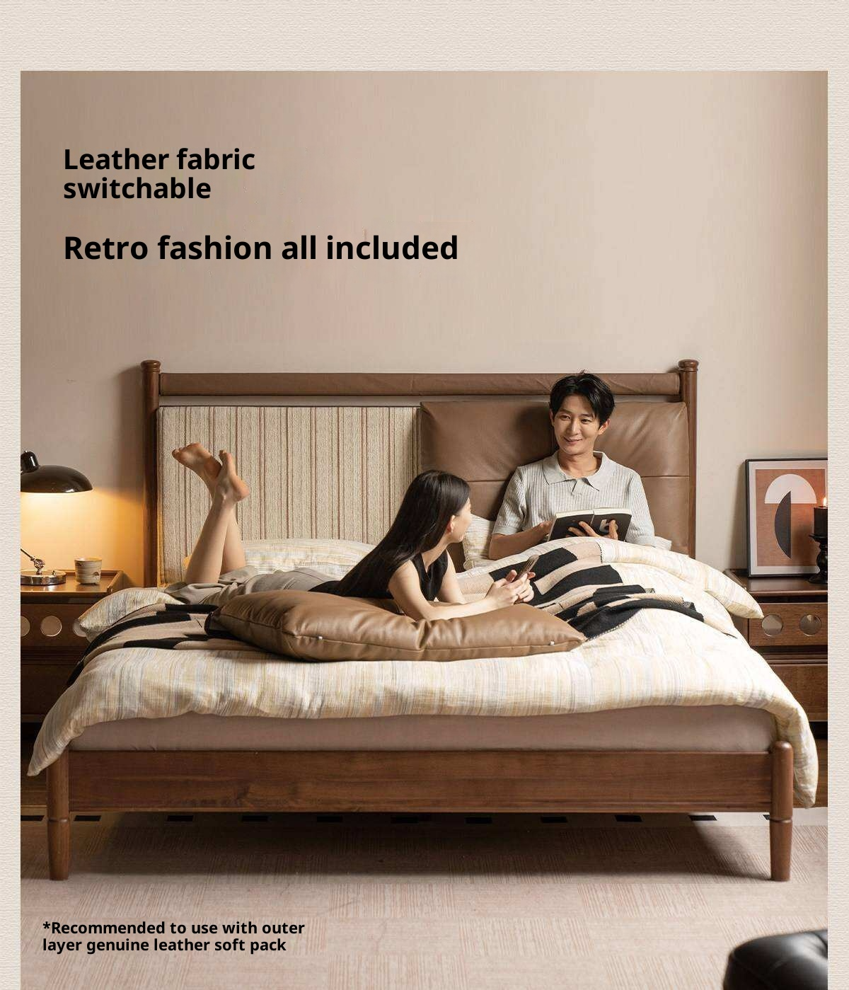 Black Walnut Solid Wood Bed with Plush Genuine Leather Cushioned Headboard