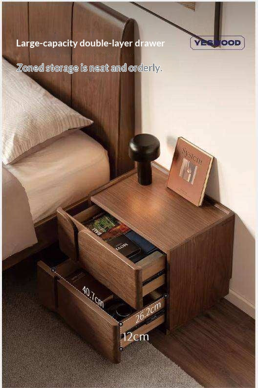 Black Walnut Solid Wood Nightstand with Light Luxury Storage Cabinet