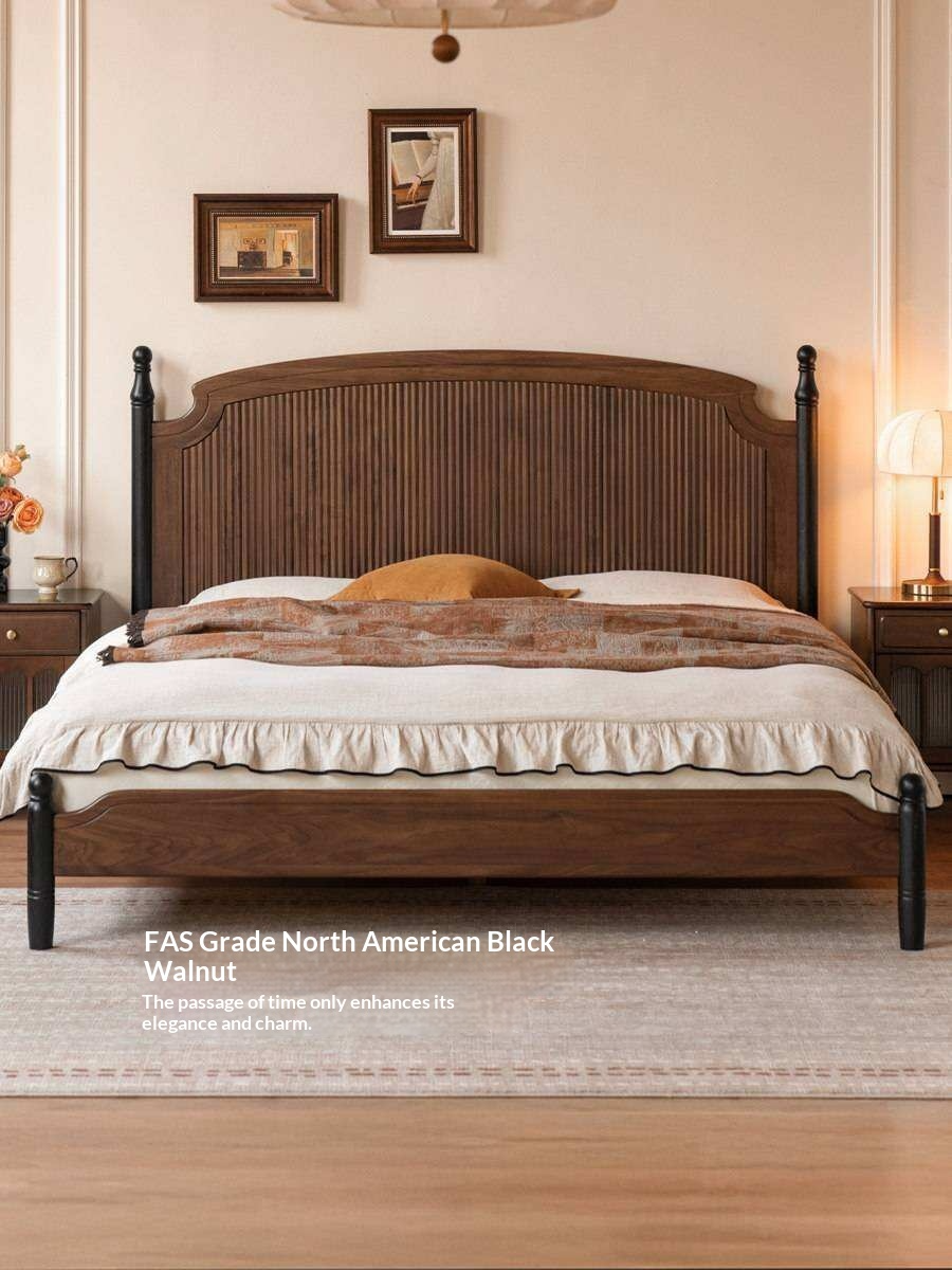 Black Walnut Solid Wood Bed with Reeded Arched Headboard and Turned Corner Posts