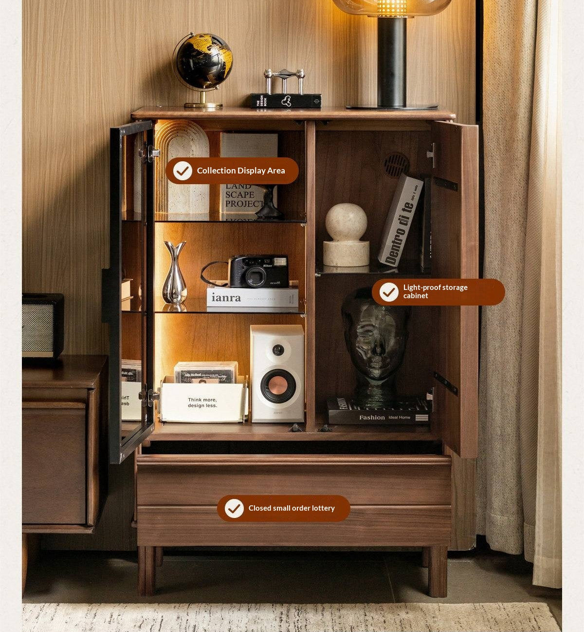 Black Walnut Solid Wood, Solid Longan Hardwood Wine Bar Cabinet with LED Lighting and Glass Door