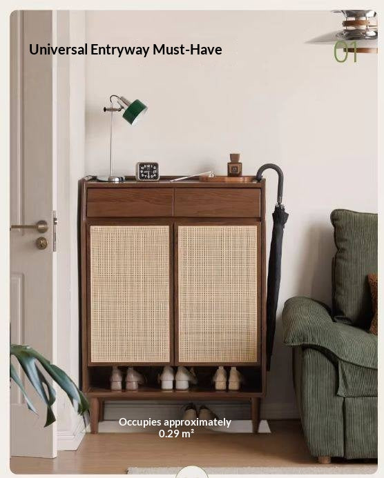 Oak Solid Wood Shoe Cabinet with Rattan Storage