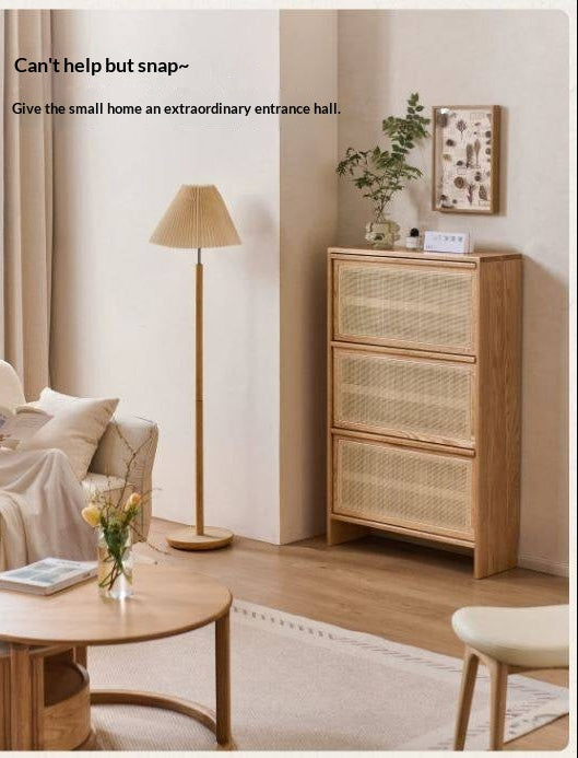 Oak Solid Wood Shoe Cabinet with Modern Minimalist Flip Door, Rattan Accents