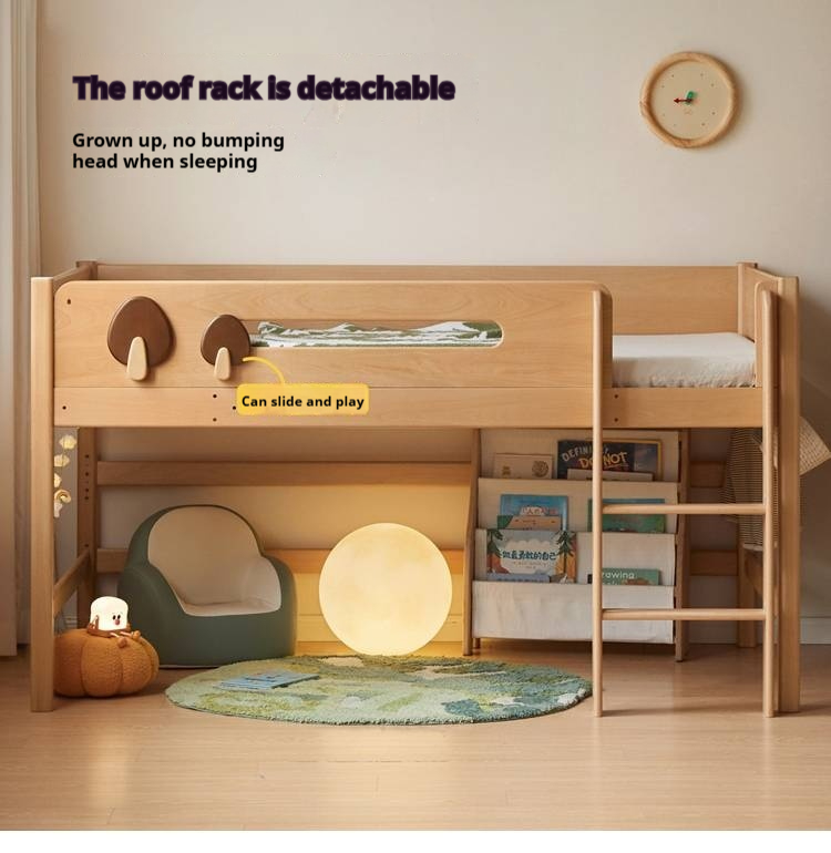 Beech Solid Wood Children's Loft Bed with Table Under Bed