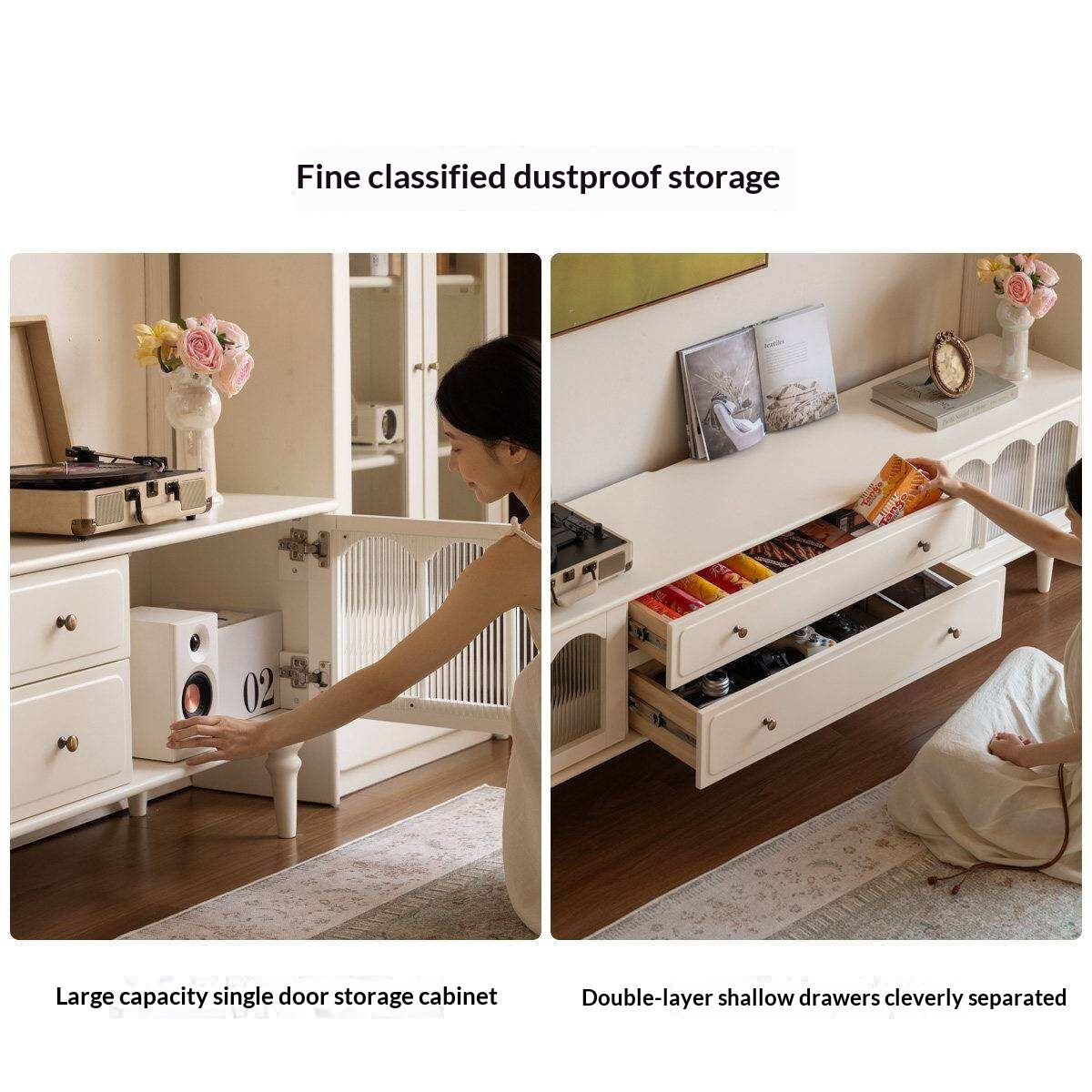 Solid Rubberwood TV Cabinet French Cream Style and Integrated Storage