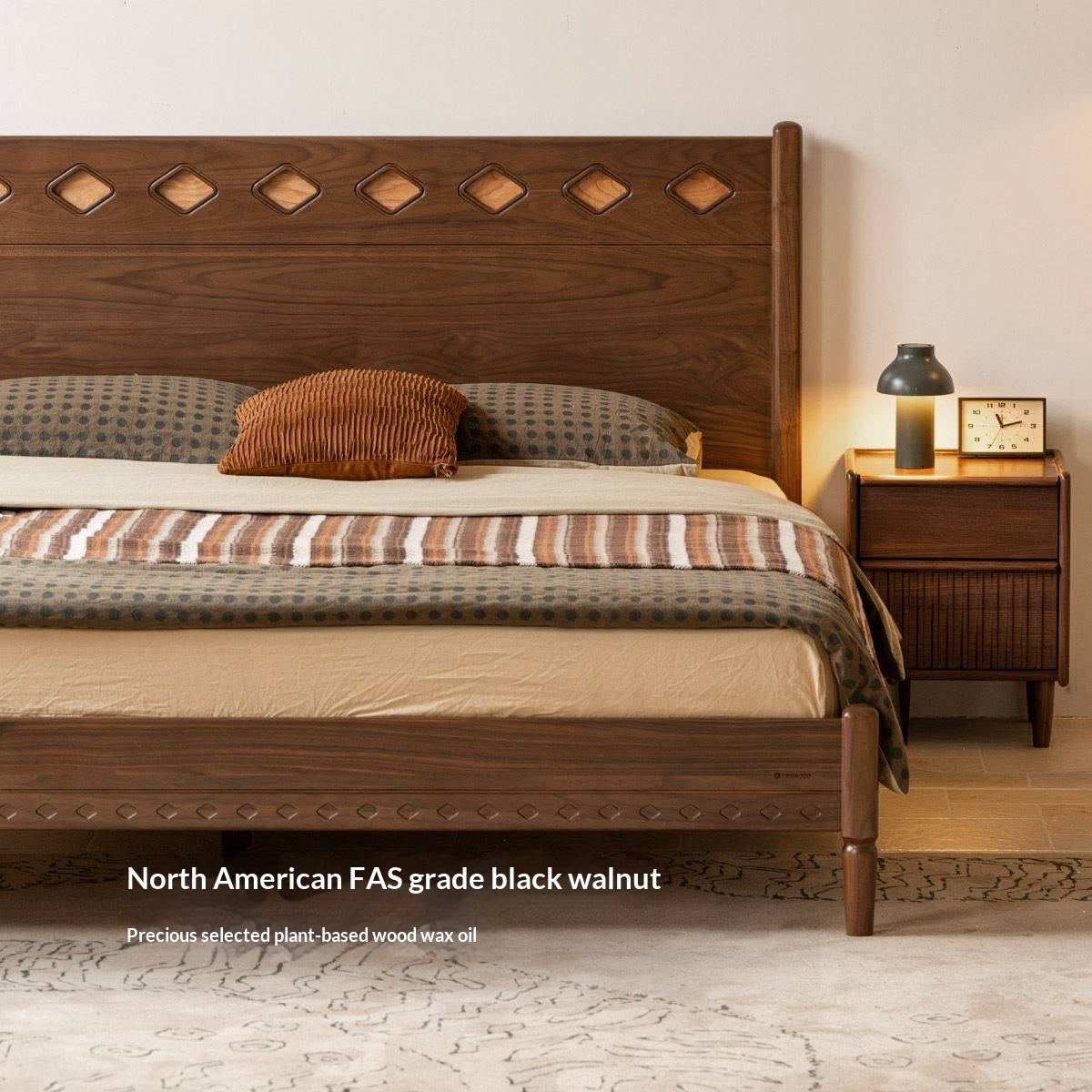 Black Walnut Solid Wood Mid-Century Classic Bed with Cherry Accent Headboard