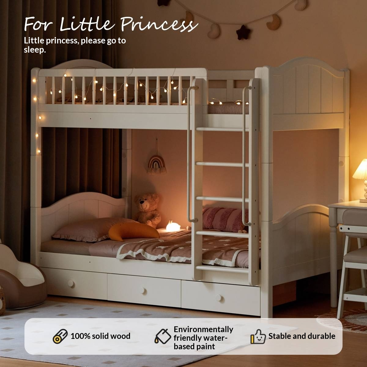 Rubberwood Solid Wood Children's White Castle Princess Bunk Bed